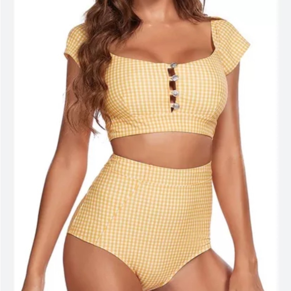 Dixperfect Women's Retro High Waisted Bikini Two Piece  50s Cap Sleeve - XL